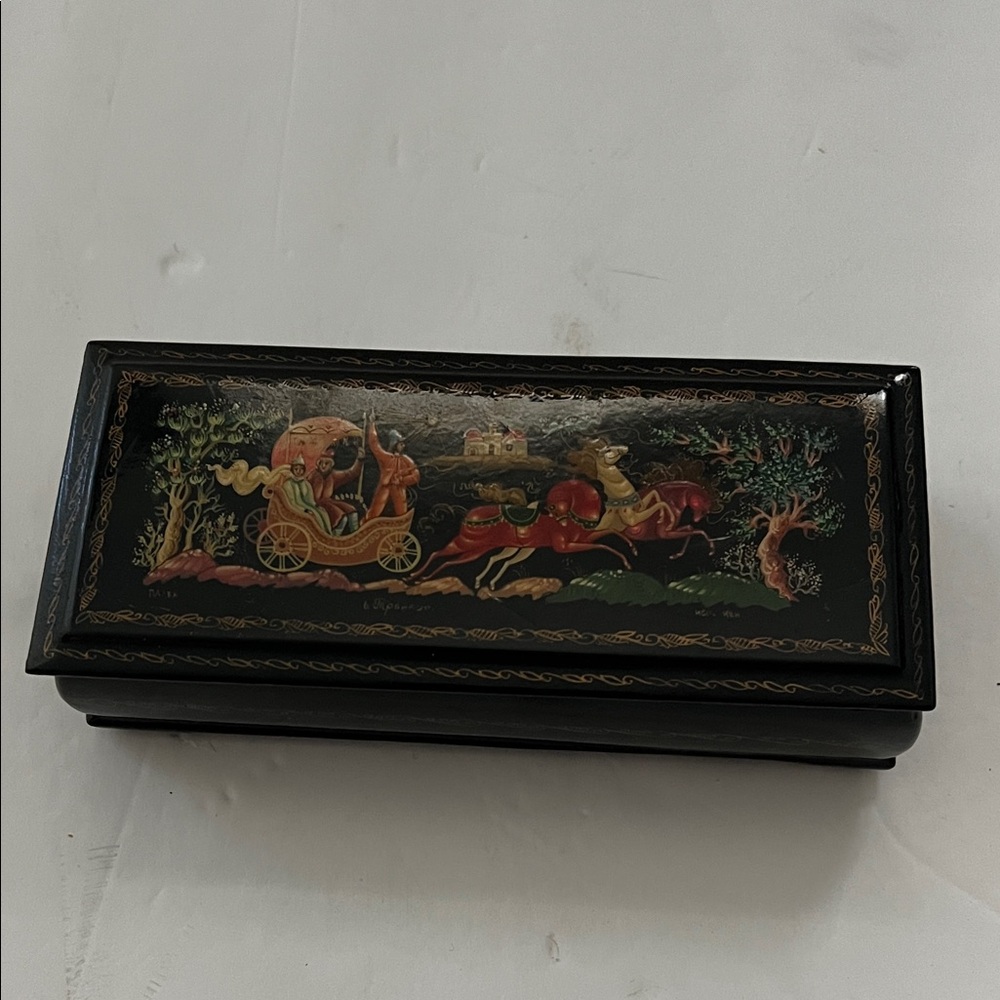 VTG Black Lacquer Hinged Trinket Box Hand Painted USSR Russia Fairytale